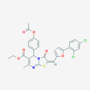 molecular formula C29H22Cl2N2O6S B406449 Ethyl 5-(4-acetoxyphenyl)-2-((5-(2,4-dichlorophenyl)furan-2-yl)methylene)-7-methyl-3-oxo-3,5-dihydro-2H-thiazolo[3,2-a]pyrimidine-6-carboxylate 