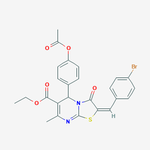 molecular formula C25H21BrN2O5S B406450 ethyl 5-[4-(acetyloxy)phenyl]-2-(4-bromobenzylidene)-7-methyl-3-oxo-2,3-dihydro-5H-[1,3]thiazolo[3,2-a]pyrimidine-6-carboxylate 