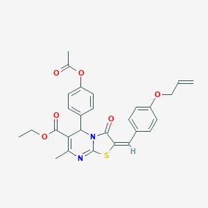 molecular formula C28H26N2O6S B406455 ethyl (2E)-5-[4-(acetyloxy)phenyl]-2-[4-(allyloxy)benzylidene]-7-methyl-3-oxo-2,3-dihydro-5H-[1,3]thiazolo[3,2-a]pyrimidine-6-carboxylate 