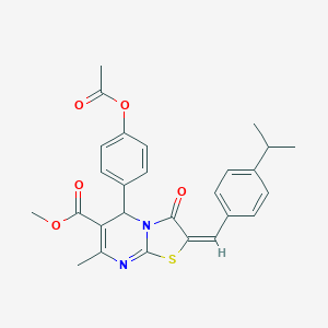molecular formula C27H26N2O5S B406463 Methyl (2E)-5-[4-(acetyloxy)phenyl]-2-(4-isopropylbenzylidene)-7-methyl-3-oxo-2,3-dihydro-5H-[1,3]thiazolo[3,2-A]pyrimidine-6-carboxylate 