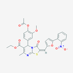 molecular formula C30H25N3O9S B406478 ethyl (2E)-5-[4-(acetyloxy)-3-methoxyphenyl]-7-methyl-2-{[5-(2-nitrophenyl)-2-furyl]methylene}-3-oxo-2,3-dihydro-5H-[1,3]thiazolo[3,2-a]pyrimidine-6-carboxylate 