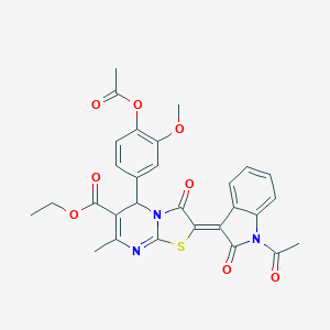 molecular formula C29H25N3O8S B406482 ethyl 2-(1-acetyl-2-oxo-1,2-dihydro-3H-indol-3-ylidene)-5-[4-(acetyloxy)-3-methoxyphenyl]-7-methyl-3-oxo-2,3-dihydro-5H-[1,3]thiazolo[3,2-a]pyrimidine-6-carboxylate 