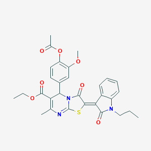 molecular formula C30H29N3O7S B406483 ethyl (2Z)-5-[4-(acetyloxy)-3-methoxyphenyl]-7-methyl-3-oxo-2-(2-oxo-1-propyl-1,2-dihydro-3H-indol-3-ylidene)-2,3-dihydro-5H-[1,3]thiazolo[3,2-a]pyrimidine-6-carboxylate 