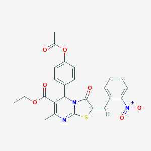 molecular formula C25H21N3O7S B406484 ethyl (2E)-5-[4-(acetyloxy)phenyl]-7-methyl-2-(2-nitrobenzylidene)-3-oxo-2,3-dihydro-5H-[1,3]thiazolo[3,2-a]pyrimidine-6-carboxylate 