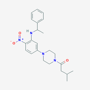 molecular formula C23H30N4O3 B4065554 5-[4-(3-methylbutanoyl)-1-piperazinyl]-2-nitro-N-(1-phenylethyl)aniline 