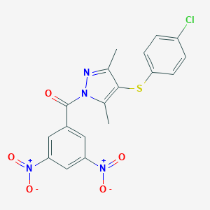 molecular formula C18H13ClN4O5S B406618 4-Chlorophenyl 1-(3,5-dinitrobenzoyl)-3,5-dimethyl-1H-pyrazol-4-YL sulfide 