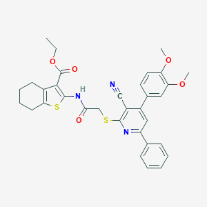 molecular formula C33H31N3O5S2 B406629 Ethyl 2-[({[3-cyano-4-(3,4-dimethoxyphenyl)-6-phenyl-2-pyridinyl]sulfanyl}acetyl)amino]-4,5,6,7-tetrahydro-1-benzothiophene-3-carboxylate 