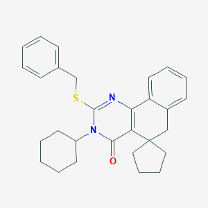 molecular formula C29H32N2OS B406661 3-cyclohexyl-2-(benzylsulfanyl)-5,6-dihydrospiro(benzo[h]quinazoline-5,1'-cyclopentane)-4(3H)-one CAS No. 332024-67-6