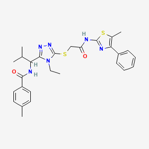 molecular formula C28H32N6O2S2 B4066999 N-{1-[4-ethyl-5-({2-[(5-methyl-4-phenyl-1,3-thiazol-2-yl)amino]-2-oxoethyl}thio)-4H-1,2,4-triazol-3-yl]-2-methylpropyl}-4-methylbenzamide 