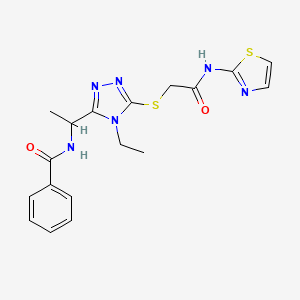 molecular formula C18H20N6O2S2 B4067079 N-[1-(4-ethyl-5-{[2-oxo-2-(1,3-thiazol-2-ylamino)ethyl]thio}-4H-1,2,4-triazol-3-yl)ethyl]benzamide 