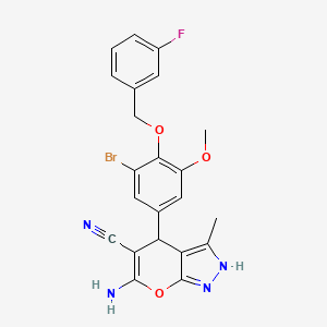 molecular formula C22H18BrFN4O3 B4067409 6-amino-4-{3-bromo-4-[(3-fluorobenzyl)oxy]-5-methoxyphenyl}-3-methyl-1,4-dihydropyrano[2,3-c]pyrazole-5-carbonitrile 