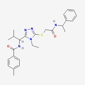 molecular formula C26H33N5O2S B4067508 N-{1-[4-ethyl-5-({2-oxo-2-[(1-phenylethyl)amino]ethyl}thio)-4H-1,2,4-triazol-3-yl]-2-methylpropyl}-4-methylbenzamide 