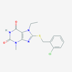 molecular formula C15H15ClN4O2S B406802 8-[(2-chlorobenzyl)sulfanyl]-7-ethyl-3-methyl-3,7-dihydro-1H-purine-2,6-dione CAS No. 303970-51-6
