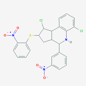 molecular formula C24H19Cl2N3O4S B406817 1,6-dichloro-4-{3-nitrophenyl}-2-({2-nitrophenyl}sulfanyl)-2,3,3a,4,5,9b-hexahydro-1H-cyclopenta[c]quinoline 