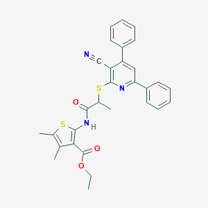 molecular formula C30H27N3O3S2 B406823 Ethyl 2-({2-[(3-cyano-4,6-diphenyl-2-pyridinyl)sulfanyl]propanoyl}amino)-4,5-dimethyl-3-thiophenecarboxylate 