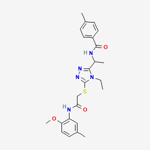 molecular formula C24H29N5O3S B4068627 N-{1-[4-ethyl-5-({2-[(2-methoxy-5-methylphenyl)amino]-2-oxoethyl}thio)-4H-1,2,4-triazol-3-yl]ethyl}-4-methylbenzamide 