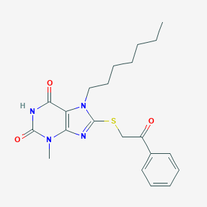 molecular formula C21H26N4O3S B406923 7-heptyl-3-methyl-8-[(2-oxo-2-phenylethyl)sulfanyl]-3,7-dihydro-1H-purine-2,6-dione CAS No. 303969-16-6