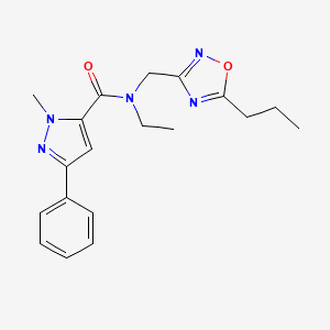 molecular formula C19H23N5O2 B4069259 N-ethyl-1-methyl-3-phenyl-N-[(5-propyl-1,2,4-oxadiazol-3-yl)methyl]-1H-pyrazole-5-carboxamide 