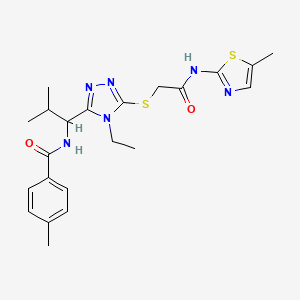 molecular formula C22H28N6O2S2 B4069373 N-{1-[4-ethyl-5-({2-[(5-methyl-1,3-thiazol-2-yl)amino]-2-oxoethyl}thio)-4H-1,2,4-triazol-3-yl]-2-methylpropyl}-4-methylbenzamide 