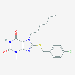 molecular formula C19H23ClN4O2S B406943 8-[(4-chlorobenzyl)sulfanyl]-7-hexyl-3-methyl-3,7-dihydro-1H-purine-2,6-dione CAS No. 328068-88-8