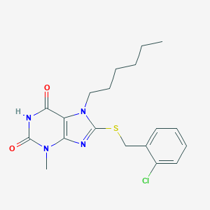 molecular formula C19H23ClN4O2S B406946 8-[(2-chlorobenzyl)sulfanyl]-7-hexyl-3-methyl-3,7-dihydro-1H-purine-2,6-dione CAS No. 329702-17-2