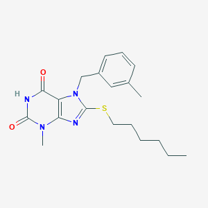 molecular formula C20H26N4O2S B406955 8-(hexylsulfanyl)-3-methyl-7-(3-methylbenzyl)-3,7-dihydro-1H-purine-2,6-dione CAS No. 303973-32-2