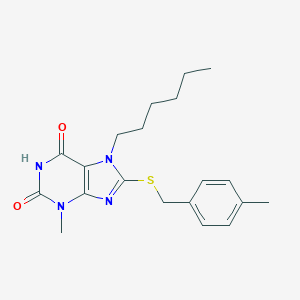 molecular formula C20H26N4O2S B406956 7-hexyl-3-methyl-8-[(4-methylbenzyl)sulfanyl]-3,7-dihydro-1H-purine-2,6-dione CAS No. 303972-83-0