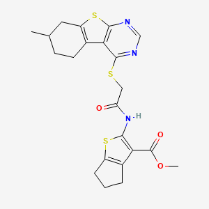 molecular formula C22H23N3O3S3 B4070059 methyl 2-({[(7-methyl-5,6,7,8-tetrahydro[1]benzothieno[2,3-d]pyrimidin-4-yl)thio]acetyl}amino)-5,6-dihydro-4H-cyclopenta[b]thiophene-3-carboxylate 