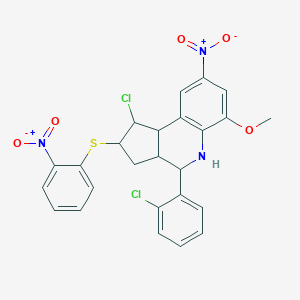 molecular formula C25H21Cl2N3O5S B407032 1-chloro-4-(2-chlorophenyl)-8-nitro-2-({2-nitrophenyl}sulfanyl)-6-methoxy-2,3,3a,4,5,9b-hexahydro-1H-cyclopenta[c]quinoline 