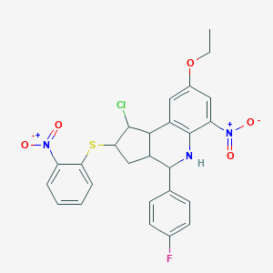 molecular formula C26H23ClFN3O5S B407040 1-chloro-8-ethoxy-4-(4-fluorophenyl)-6-nitro-2-({2-nitrophenyl}sulfanyl)-2,3,3a,4,5,9b-hexahydro-1H-cyclopenta[c]quinoline 