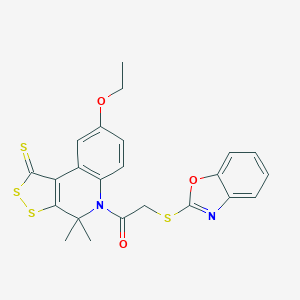 molecular formula C23H20N2O3S4 B407083 2-(1,3-Benzoxazol-2-ylsulfanyl)-1-(8-ethoxy-4,4-dimethyl-1-sulfanylidenedithiolo[3,4-c]quinolin-5-yl)ethanone CAS No. 332043-44-4