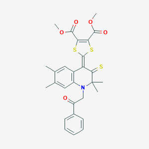 molecular formula C28H27NO5S3 B407094 dimethyl 2-(2,2,6,7-tetramethyl-1-(2-oxo-2-phenylethyl)-3-thioxo-2,3-dihydro-4(1H)-quinolinylidene)-1,3-dithiole-4,5-dicarboxylate 