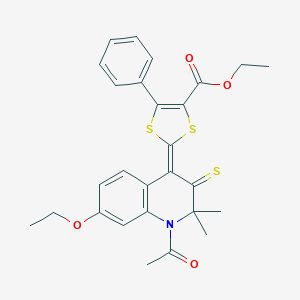 molecular formula C27H27NO4S3 B407110 ethyl (2Z)-2-(1-acetyl-7-ethoxy-2,2-dimethyl-3-sulfanylidenequinolin-4-ylidene)-5-phenyl-1,3-dithiole-4-carboxylate CAS No. 332043-52-4