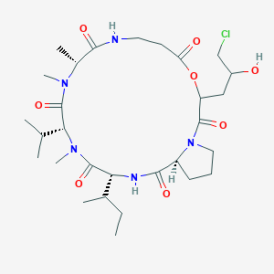 molecular formula C29H48ClN5O8 B040714 (10R,13R,16R,19S)-16-butan-2-yl-3-(3-chloro-2-hydroxypropyl)-10,11,14-trimethyl-13-propan-2-yl-4-oxa-1,8,11,14,17-pentazabicyclo[17.3.0]docosane-2,5,9,12,15,18-hexone CAS No. 121723-07-7