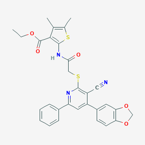 molecular formula C30H25N3O5S2 B407145 Ethyl 2-[({[4-(1,3-benzodioxol-5-yl)-3-cyano-6-phenyl-2-pyridinyl]sulfanyl}acetyl)amino]-4,5-dimethyl-3-thiophenecarboxylate 