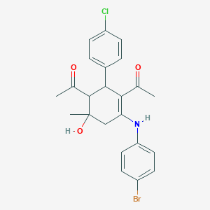 molecular formula C23H23BrClNO3 B407152 1-[3-Acetyl-4-(4-bromoanilino)-2-(4-chlorophenyl)-6-hydroxy-6-methyl-3-cyclohexen-1-yl]ethanone 