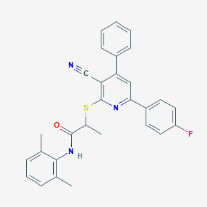 molecular formula C29H24FN3OS B407163 2-{[3-cyano-6-(4-fluorophenyl)-4-phenyl-2-pyridinyl]sulfanyl}-N-(2,6-dimethylphenyl)propanamide 
