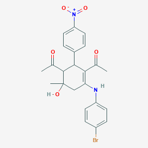 molecular formula C23H23BrN2O5 B407174 1-(3-Acetyl-4-(4-bromoanilino)-6-hydroxy-2-{4-nitrophenyl}-6-methylcyclohex-3-en-1-yl)ethanone 