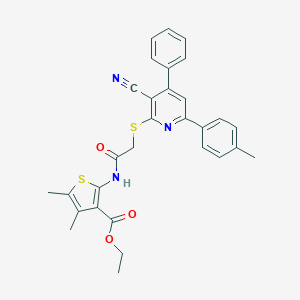 molecular formula C30H27N3O3S2 B407181 Ethyl 2-[[2-[3-cyano-6-(4-methylphenyl)-4-phenylpyridin-2-yl]sulfanylacetyl]amino]-4,5-dimethylthiophene-3-carboxylate CAS No. 332053-33-5