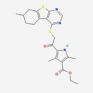 molecular formula C22H25N3O3S2 B4072088 ethyl 2,4-dimethyl-5-{[(7-methyl-5,6,7,8-tetrahydro[1]benzothieno[2,3-d]pyrimidin-4-yl)thio]acetyl}-1H-pyrrole-3-carboxylate 