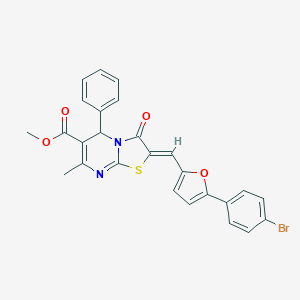molecular formula C26H19BrN2O4S B407248 methyl (2Z)-2-{[5-(4-bromophenyl)furan-2-yl]methylidene}-7-methyl-3-oxo-5-phenyl-2,3-dihydro-5H-[1,3]thiazolo[3,2-a]pyrimidine-6-carboxylate 