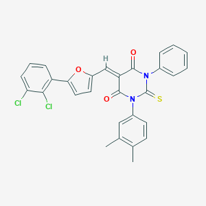 molecular formula C29H20Cl2N2O3S B407255 5-{[5-(2,3-dichlorophenyl)-2-furyl]methylene}-1-(3,4-dimethylphenyl)-3-phenyl-2-thioxodihydro-4,6(1H,5H)-pyrimidinedione 