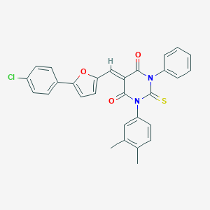 molecular formula C29H21ClN2O3S B407260 5-{[5-(4-chlorophenyl)-2-furyl]methylene}-1-(3,4-dimethylphenyl)-3-phenyl-2-thioxodihydro-4,6(1H,5H)-pyrimidinedione 