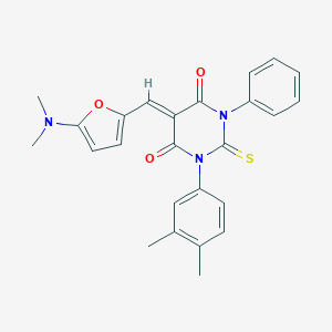 molecular formula C25H23N3O3S B407263 5-{[5-(dimethylamino)-2-furyl]methylene}-1-(3,4-dimethylphenyl)-3-phenyl-2-thioxodihydro-4,6(1H,5H)-pyrimidinedione 