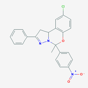 molecular formula C23H18ClN3O3 B407268 9-Chloro-5-{4-nitrophenyl}-5-methyl-2-phenyl-1,10b-dihydropyrazolo[1,5-c][1,3]benzoxazine 