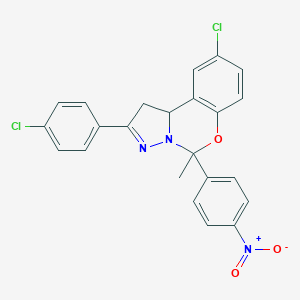 molecular formula C23H17Cl2N3O3 B407276 9-Chloro-2-(4-chlorophenyl)-5-methyl-5-(4-nitrophenyl)-1,10b-dihydropyrazolo[1,5-c][1,3]benzoxazine 