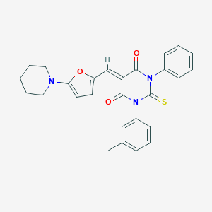 molecular formula C28H27N3O3S B407310 1-(3,4-dimethylphenyl)-3-phenyl-5-{[5-(1-piperidinyl)-2-furyl]methylene}-2-thioxodihydro-4,6(1H,5H)-pyrimidinedione 