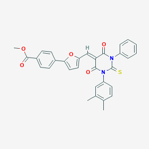 molecular formula C31H24N2O5S B407321 methyl 4-{5-[(1-(3,4-dimethylphenyl)-4,6-dioxo-3-phenyl-2-thioxotetrahydro-5(2H)-pyrimidinylidene)methyl]-2-furyl}benzoate 