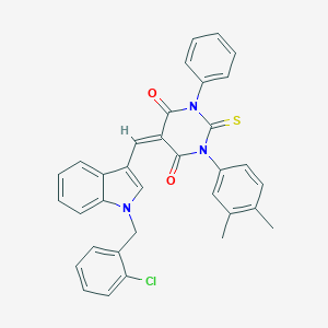 molecular formula C34H26ClN3O2S B407322 5-{[1-(2-chlorobenzyl)-1H-indol-3-yl]methylene}-1-(3,4-dimethylphenyl)-3-phenyl-2-thioxodihydro-4,6(1H,5H)-pyrimidinedione 