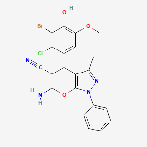 molecular formula C21H16BrClN4O3 B4073322 6-amino-4-(3-bromo-2-chloro-4-hydroxy-5-methoxyphenyl)-3-methyl-1-phenyl-1,4-dihydropyrano[2,3-c]pyrazole-5-carbonitrile 